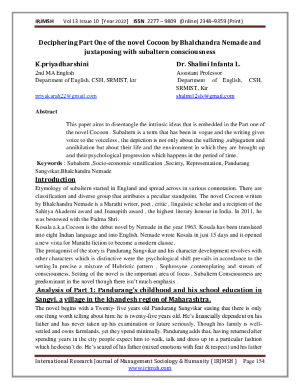 (PDF) Deciphering Part One of the novel Cocoon by Bhalchandra Nemade ...