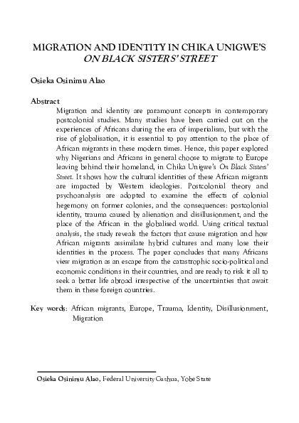 (PDF) Migration and Identity in Chika Unigwe’s On Black Sisters’ Street
