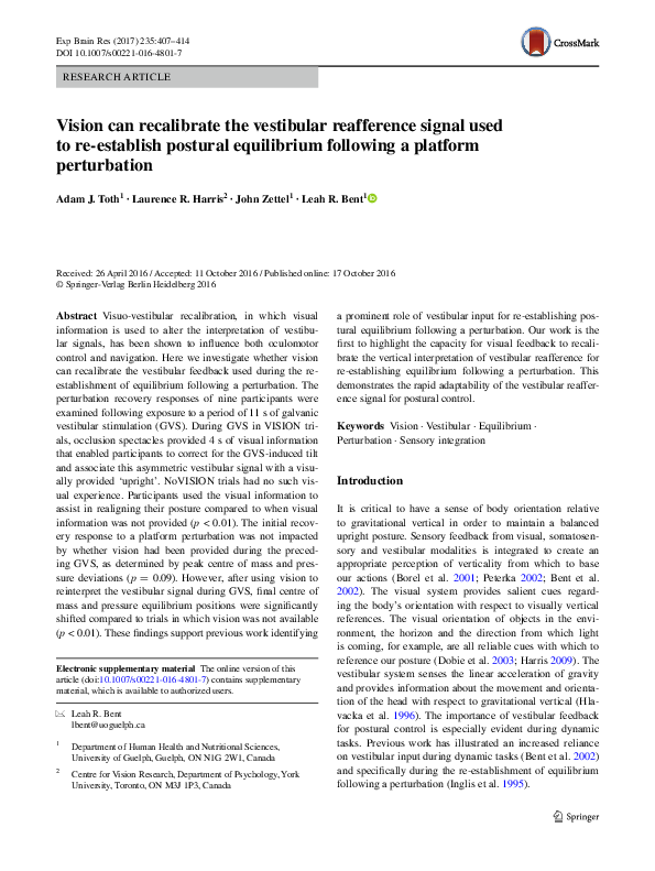 (PDF) Vision can recalibrate the vestibular reafference signal used to ...