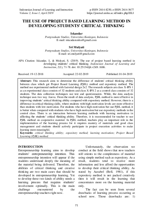 (PDF) The Use of Project Based Learning Method in Developing Students ...