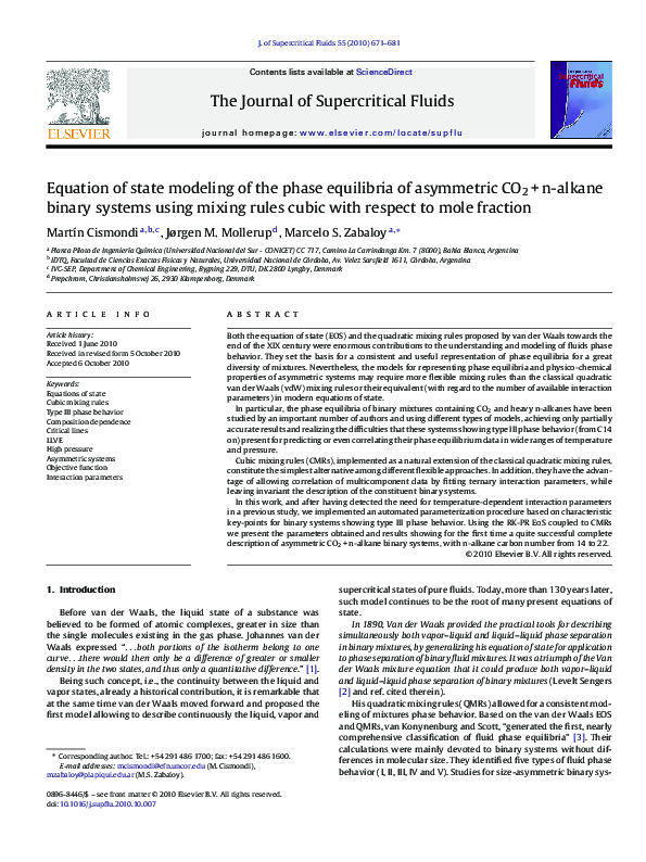 (PDF) Equation of state modeling of the phase equilibria of asymmetric ...