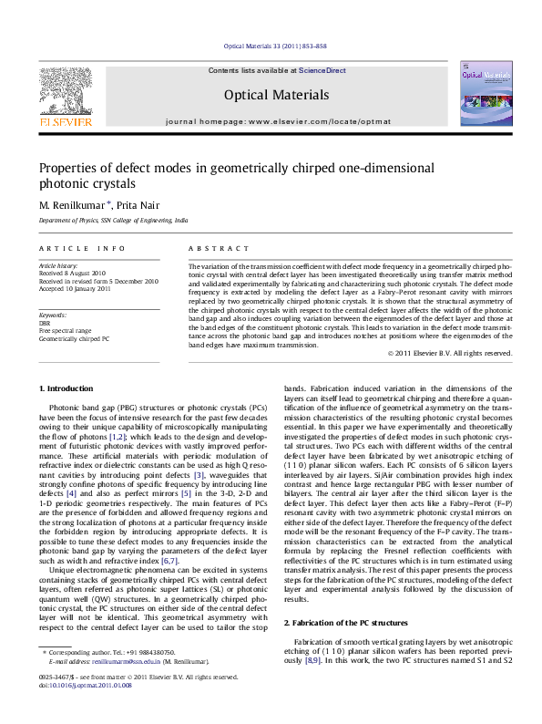 (PDF) Properties of defect modes in geometrically chirped one ...