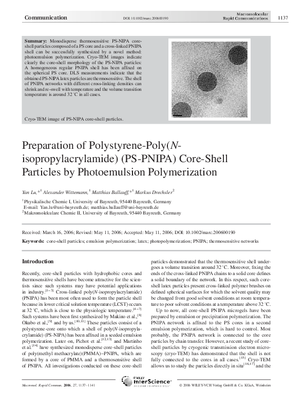(PDF) Preparation of Polystyrene-Poly(N-isopropylacrylamide) (PS-PNIPA ...