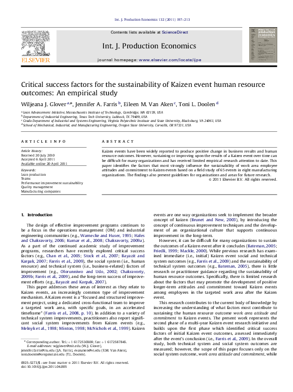 (PDF) Critical success factors for the sustainability of Kaizen event ...
