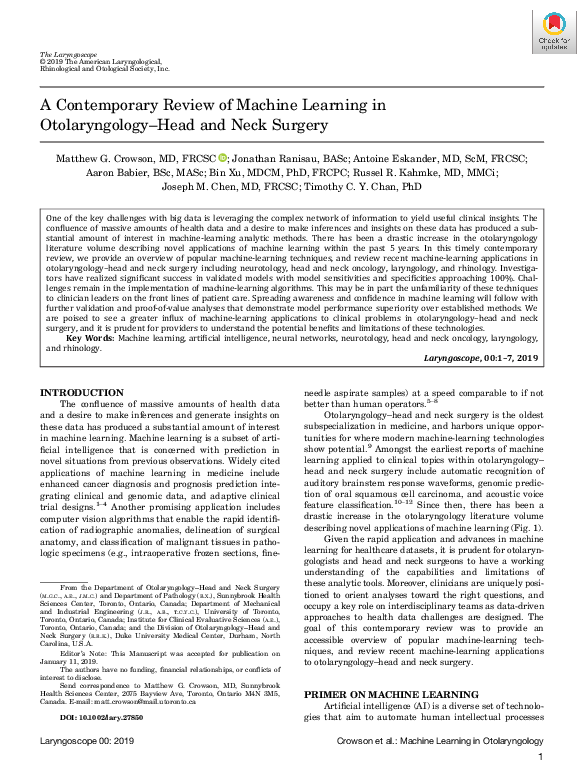 (PDF) A contemporary review of machine learning in otolaryngology–head ...