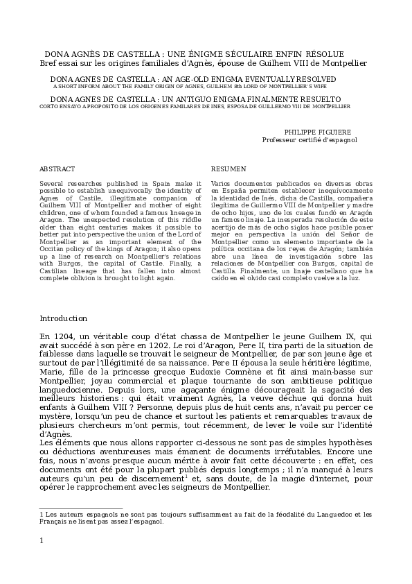 (PDF) DONA AGNÈS DE CASTELLA UNE ÉNIGME SÉCULAIRE ENFIN RÉSOLUE Bref