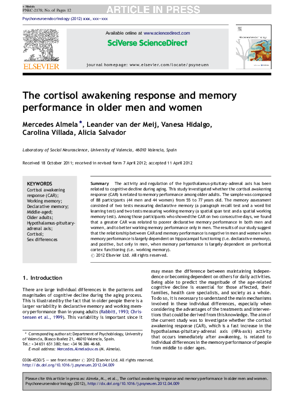 (PDF) The cortisol awakening response and memory performance in older ...