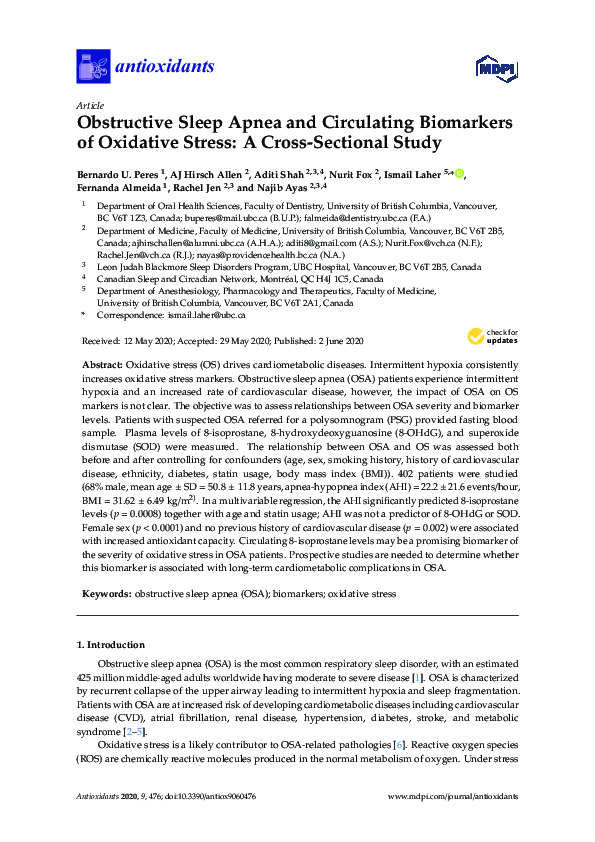 (PDF) Obstructive Sleep Apnea and Circulating Biomarkers of Oxidative ...