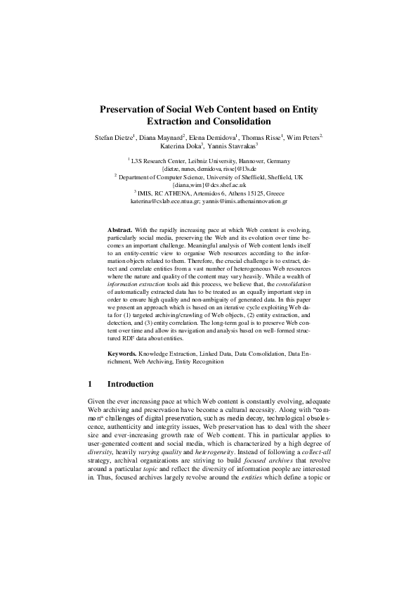 (PDF) Preservation of Social Web Content based on Entity Extraction and ...