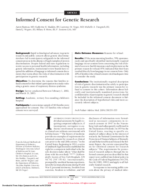 Pdf Informed Consent For Genetic Research