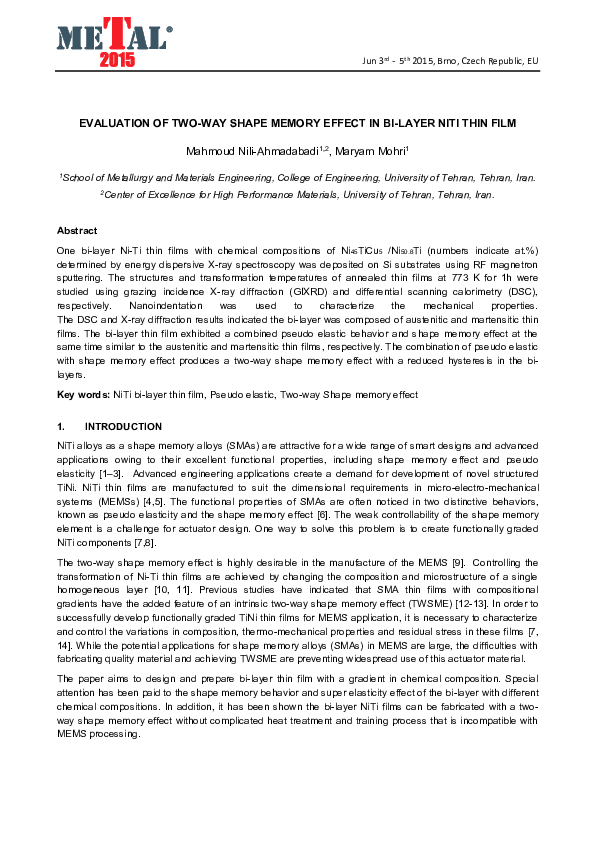 (PDF) Evaluation of Two-Way Shape Memory Effect in Bilayer Niti Thin Film