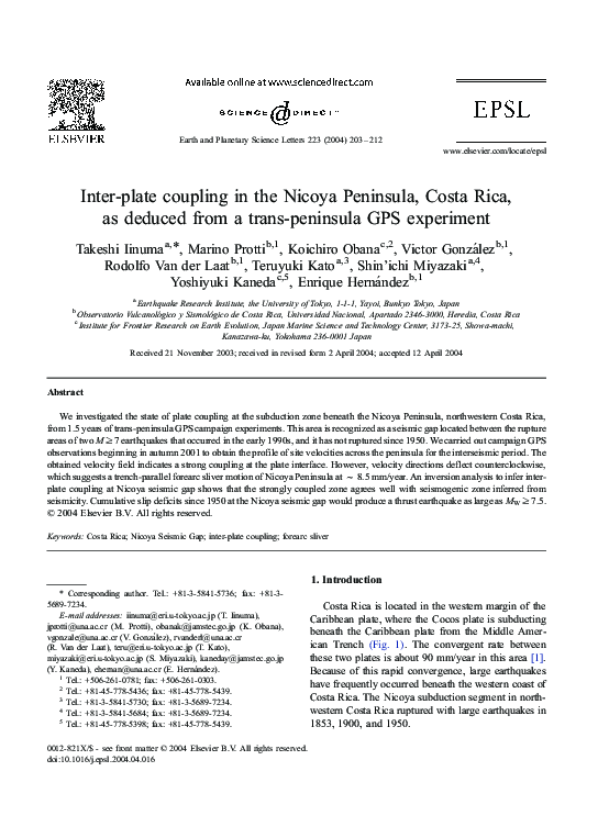 (PDF) Inter-plate coupling in the Nicoya Peninsula, Costa Rica, as ...