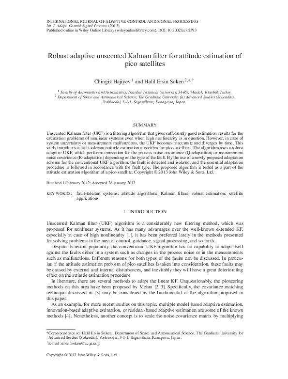 (PDF) Robust adaptive unscented Kalman filter for attitude estimation ...