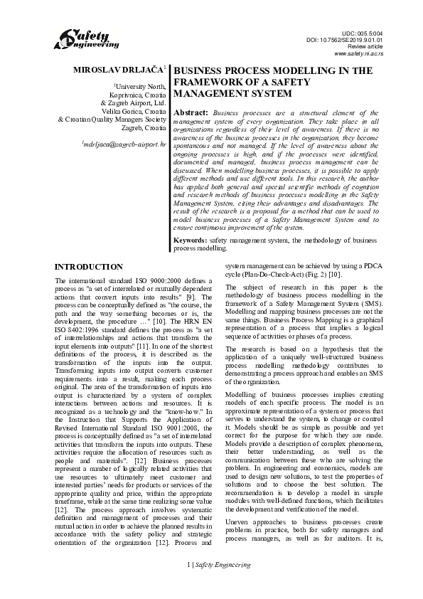 (PDF) Business Process Modelling in the Framework of a Safety ...