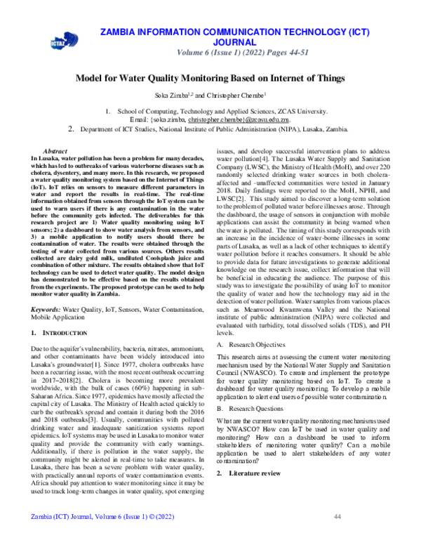 (PDF) Model for Water Quality Monitoring Based on Internet of Things