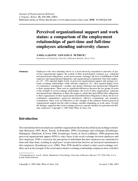(PDF) Perceived organizational support and work status: a comparison of ...