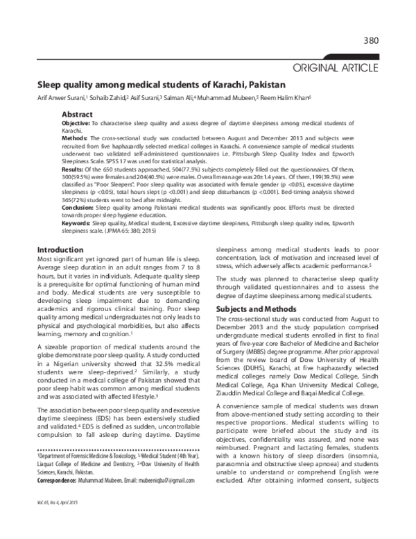 (PDF) Sleep quality among medical students of Karachi, Pakistan