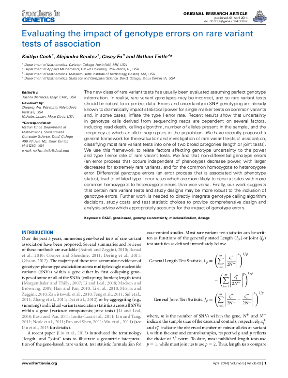 (PDF) Evaluating the impact of genotype errors on rare variant tests of ...