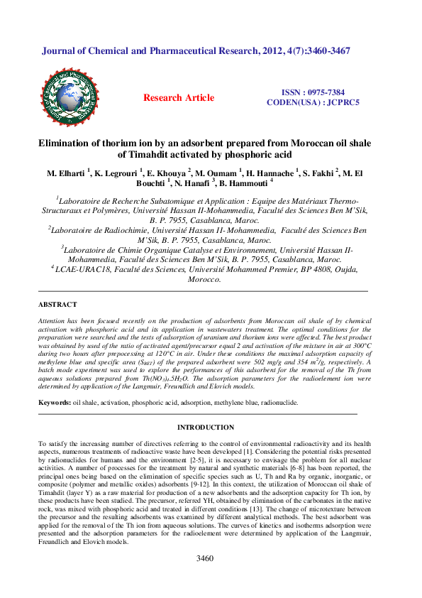 (PDF) Elimination of thorium ion by an adsorbent prepared from Moroccan ...