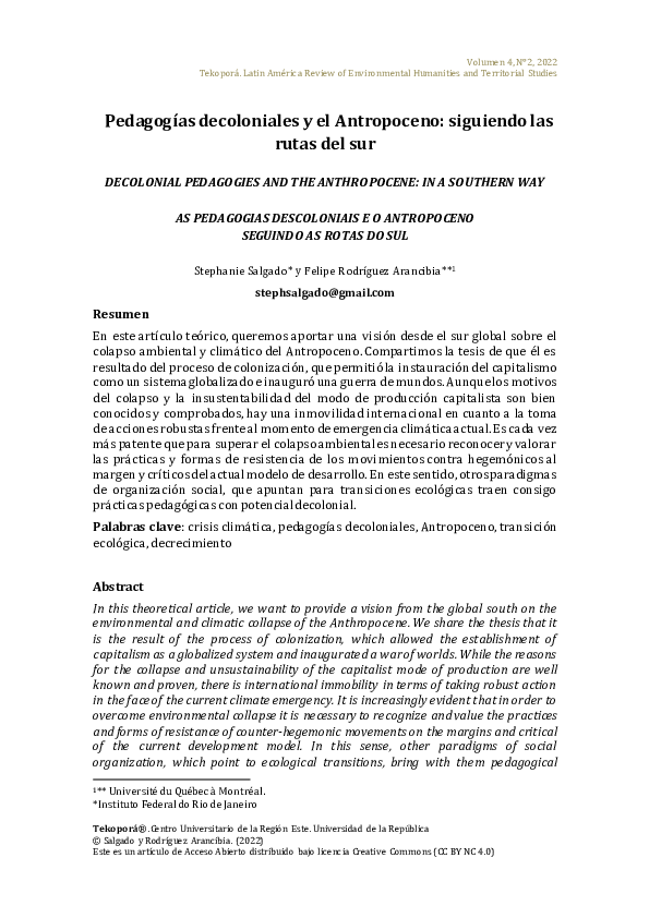 Pedagogías decoloniales y el Antropoceno: siguiendo las rutas del sur