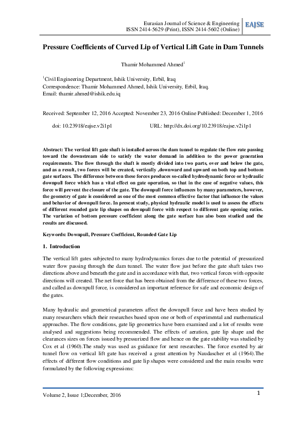 (PDF) Pressure Coefficients of Curved Lip of Vertical Lift Gate in Dam