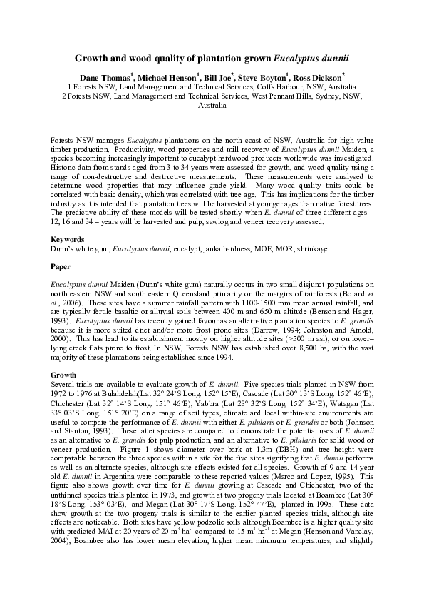 (PDF) Growth and wood quality of plantation grown Eucalyptus dunnii