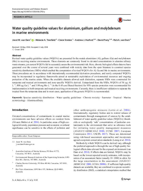 (PDF) Water quality guideline values for aluminium, gallium and ...