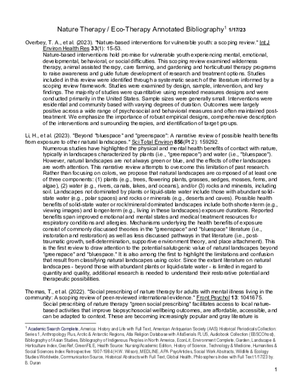 (PDF) Nature Therapy / Eco-Therapy Annotated Bibliography 1 1/17/23