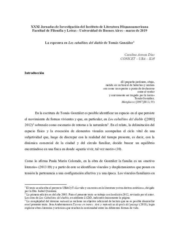 (PDF) La espesura en Los caballitos del diablo de Tomás González