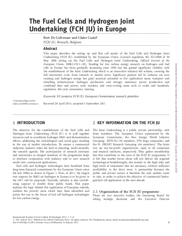 (PDF) The Fuel Cells and Hydrogen Joint Undertaking (FCH JU) in Europe