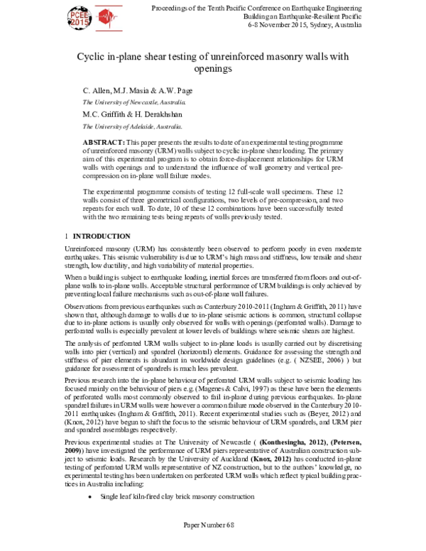 (PDF) Cyclic in-plane shear testing of unreinforced masonry walls with ...