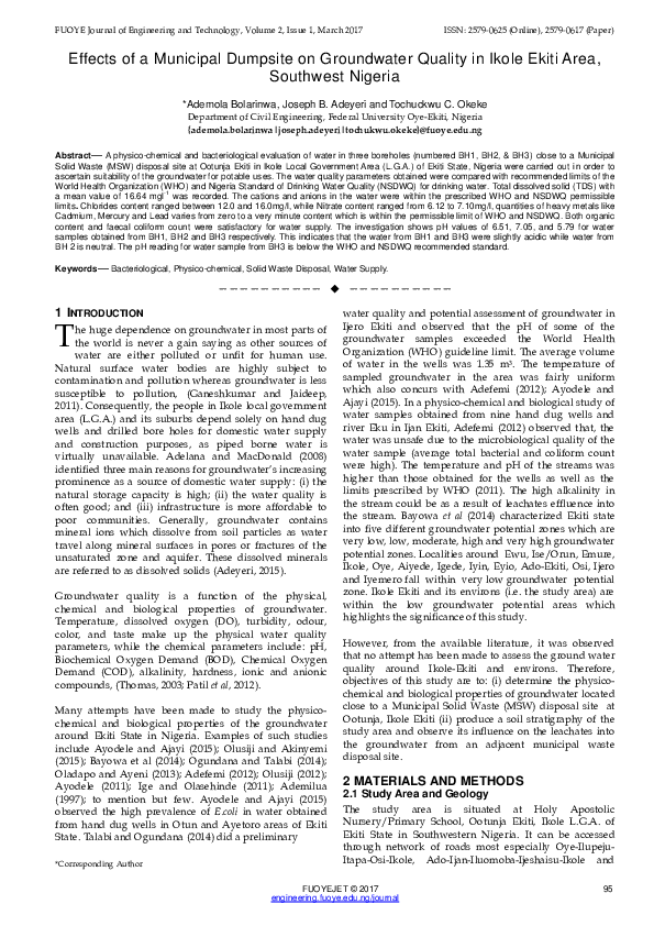 (PDF) Effects of a Municipal Dumpsite on Groundwater Quality in Ikole ...