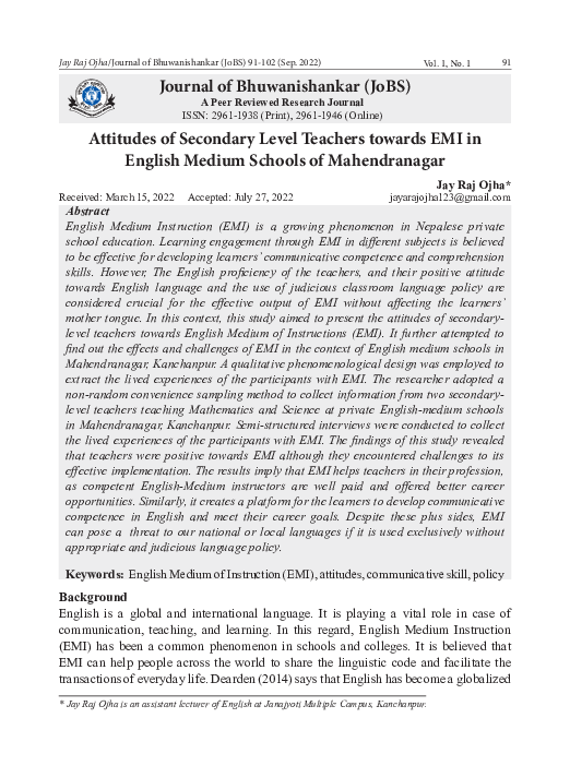 (PDF) Attitudes of Secondary Level Teachers towards EMI in English ...