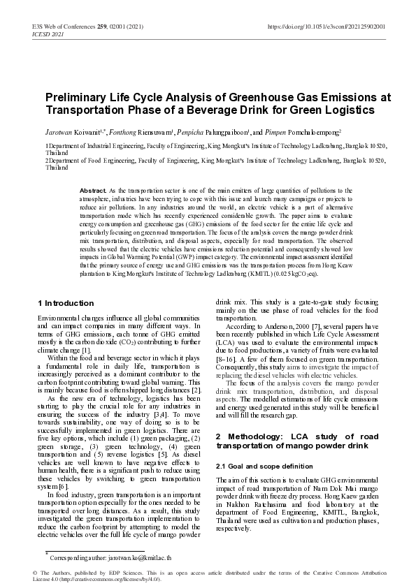 (PDF) Preliminary Life Cycle Analysis of Greenhouse Gas Emissions at ...