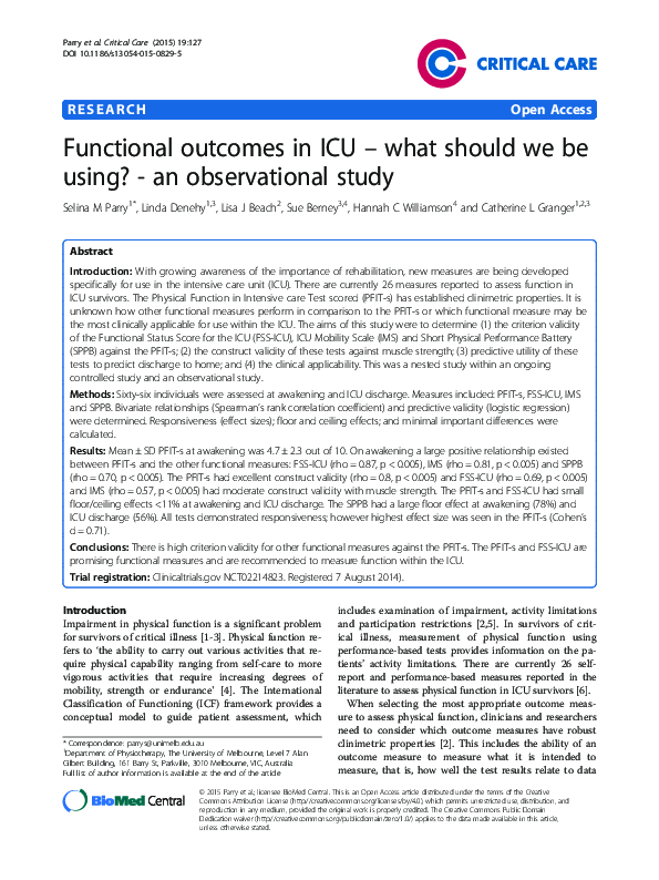 (PDF) Functional outcomes in ICU – what should we be using? - an ...