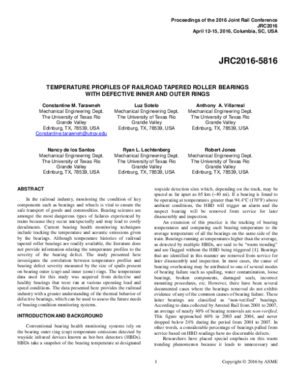 (PDF) Temperature Profiles of Railroad Tapered Roller Bearings With ...