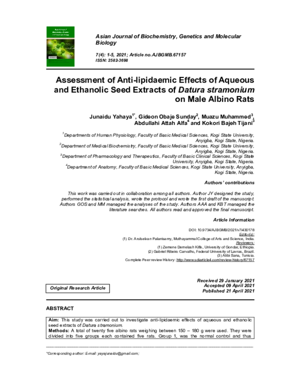 (PDF) Assessment of Anti-lipidaemic Effects of Aqueous and Ethanolic ...