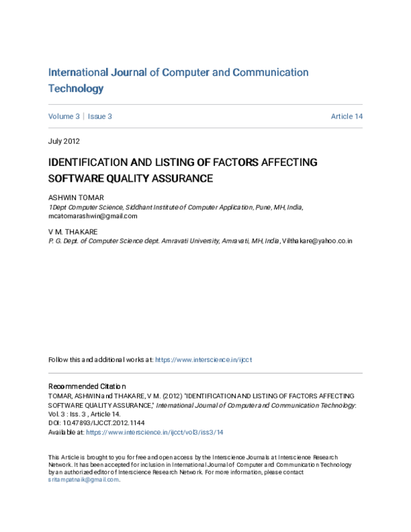 (PDF) Identification and Listing of Factors Affecting Software Quality ...