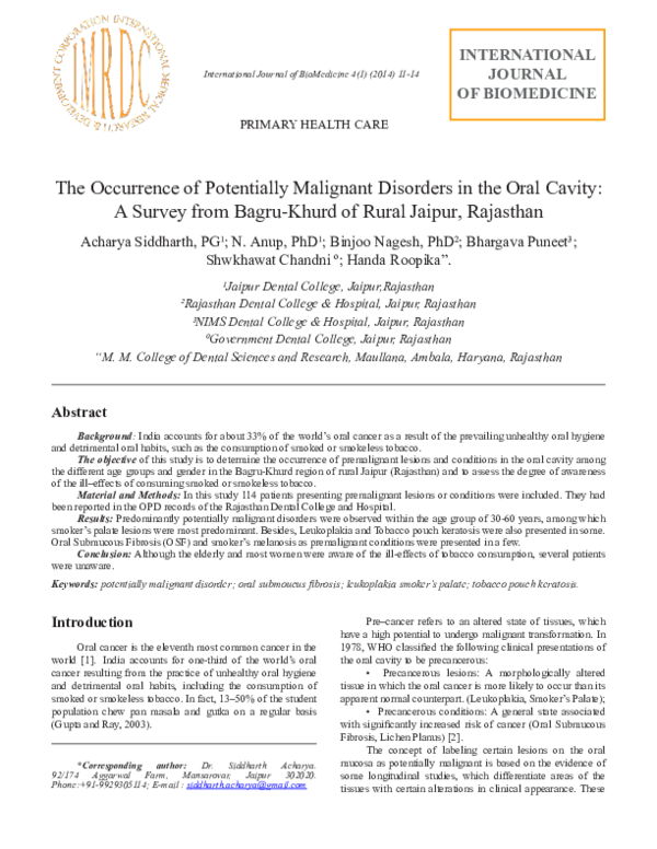(PDF) The Occurrence of Potentially Malignant Disorders in the Oral ...