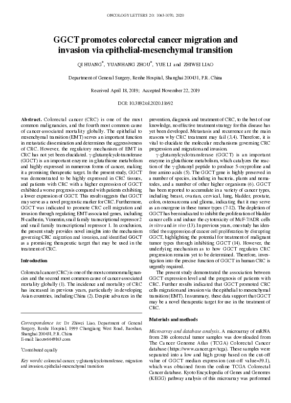 (PDF) GGCT promotes colorectal cancer migration and invasion via ...