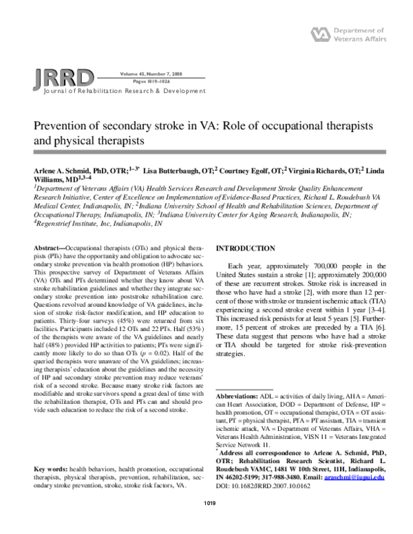 (PDF) Prevention of secondary stroke in VA: Role of occupational ...