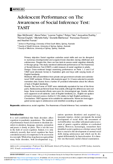 (PDF) Adolescent Performance on The Awareness of Social Inference Test ...