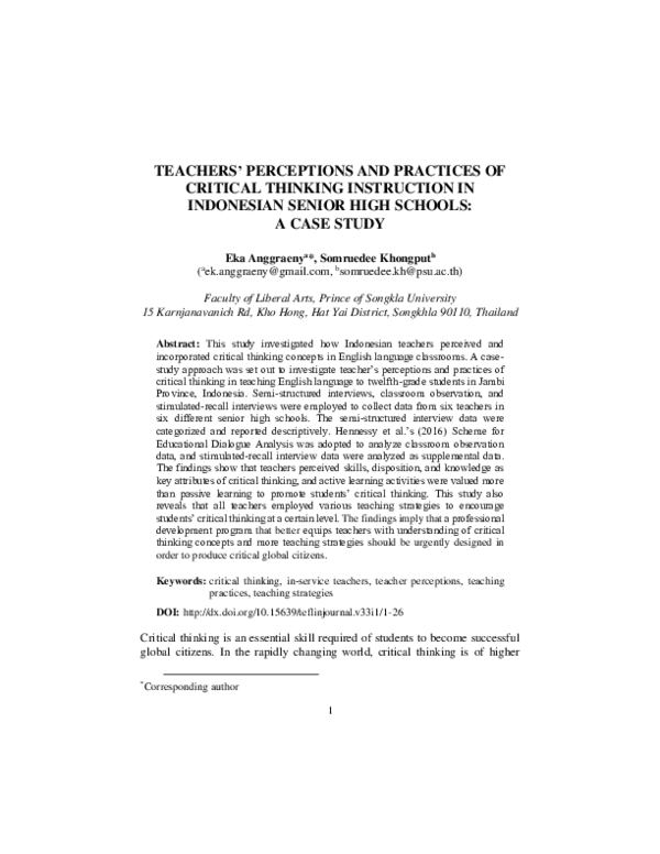 (PDF) Teachers’ Perceptions and Practices of Critical Thinking ...