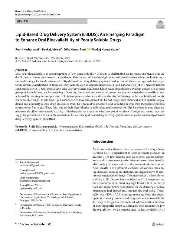 (PDF) Lipid-Based Drug Delivery System (LBDDS): An Emerging Paradigm to ...