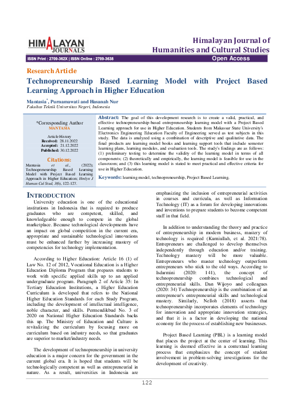 (PDF) Technopreneurship Based Learning Model with Project Based ...