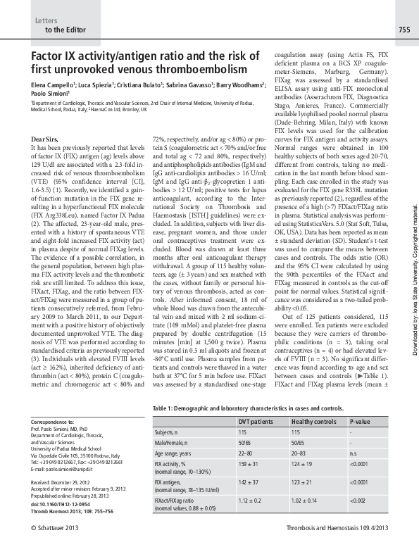 (PDF) Factor IX activity/antigen ratio and the risk of first unprovoked ...