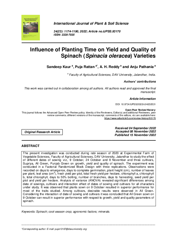 (PDF) Influence of Planting Time on Yield and Quality of Spinach ...