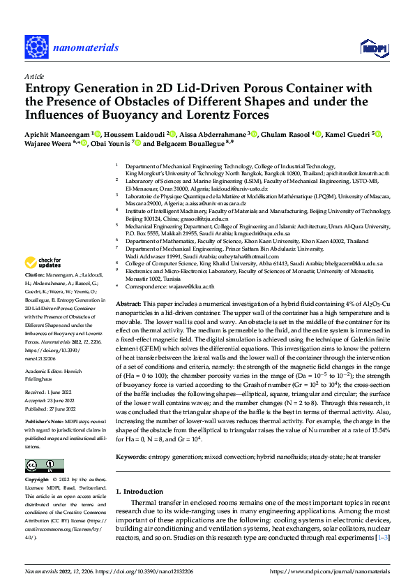 (PDF) Entropy Generation in 2D Lid-Driven Porous Container with the ...