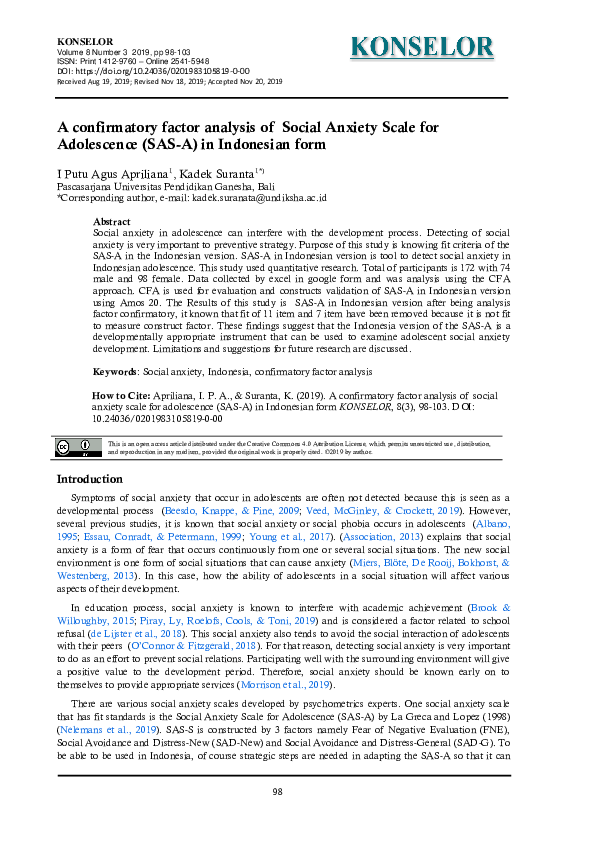 (PDF) A confirmatory factor analysis of social anxiety scale for ...