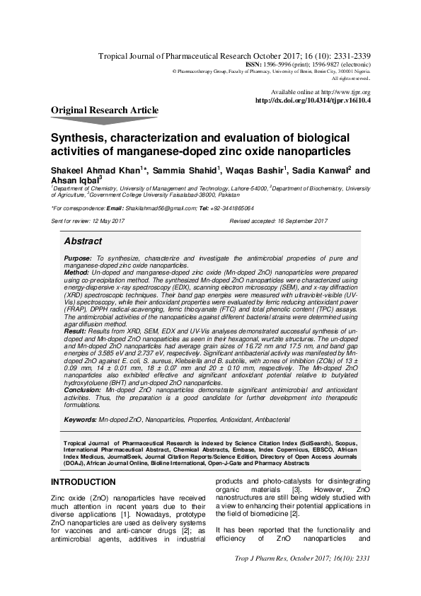 (PDF) Synthesis, characterization and evaluation of biological ...